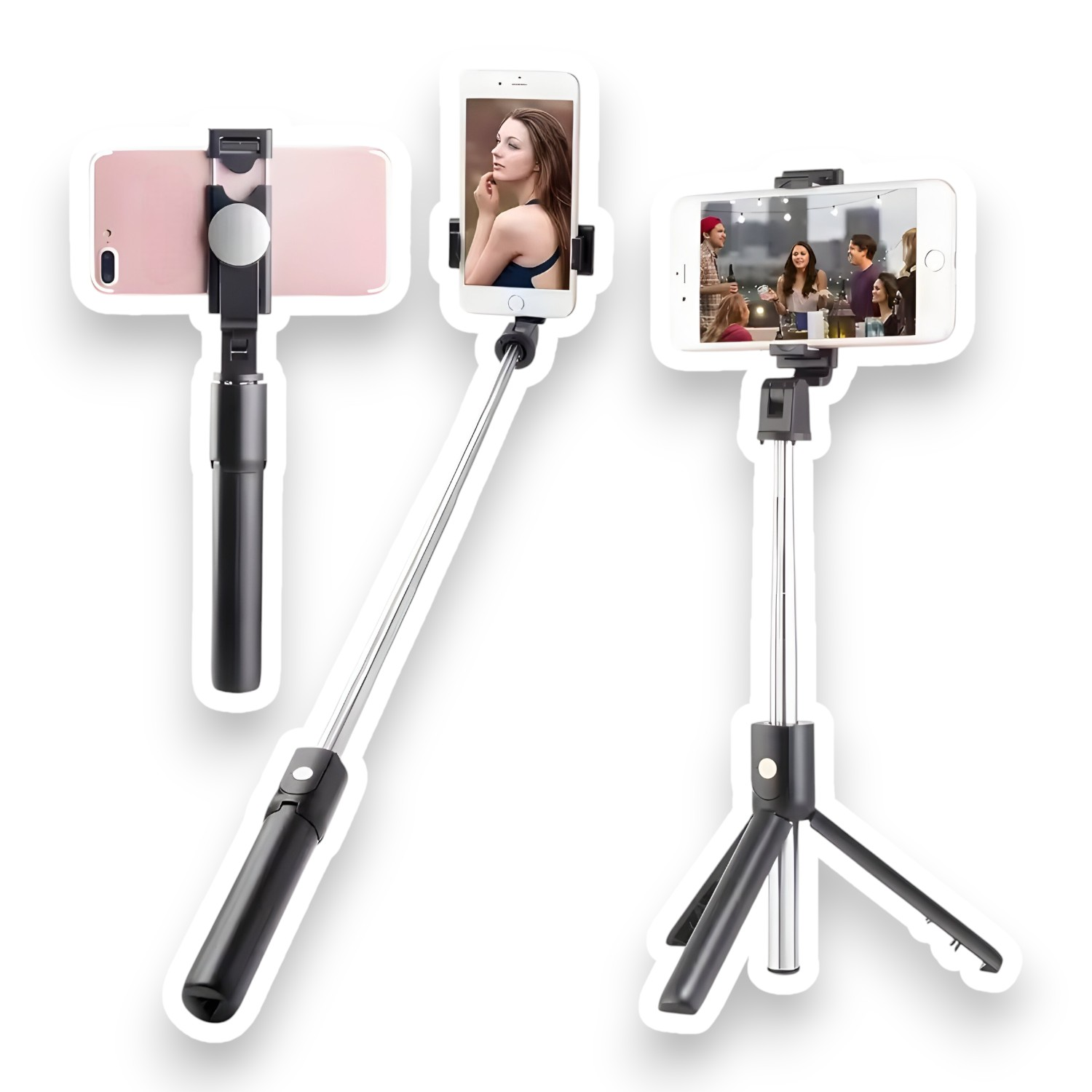 Tres teléfonos inteligentes con palos de selfie, con diferentes fondos de personas y entornos.