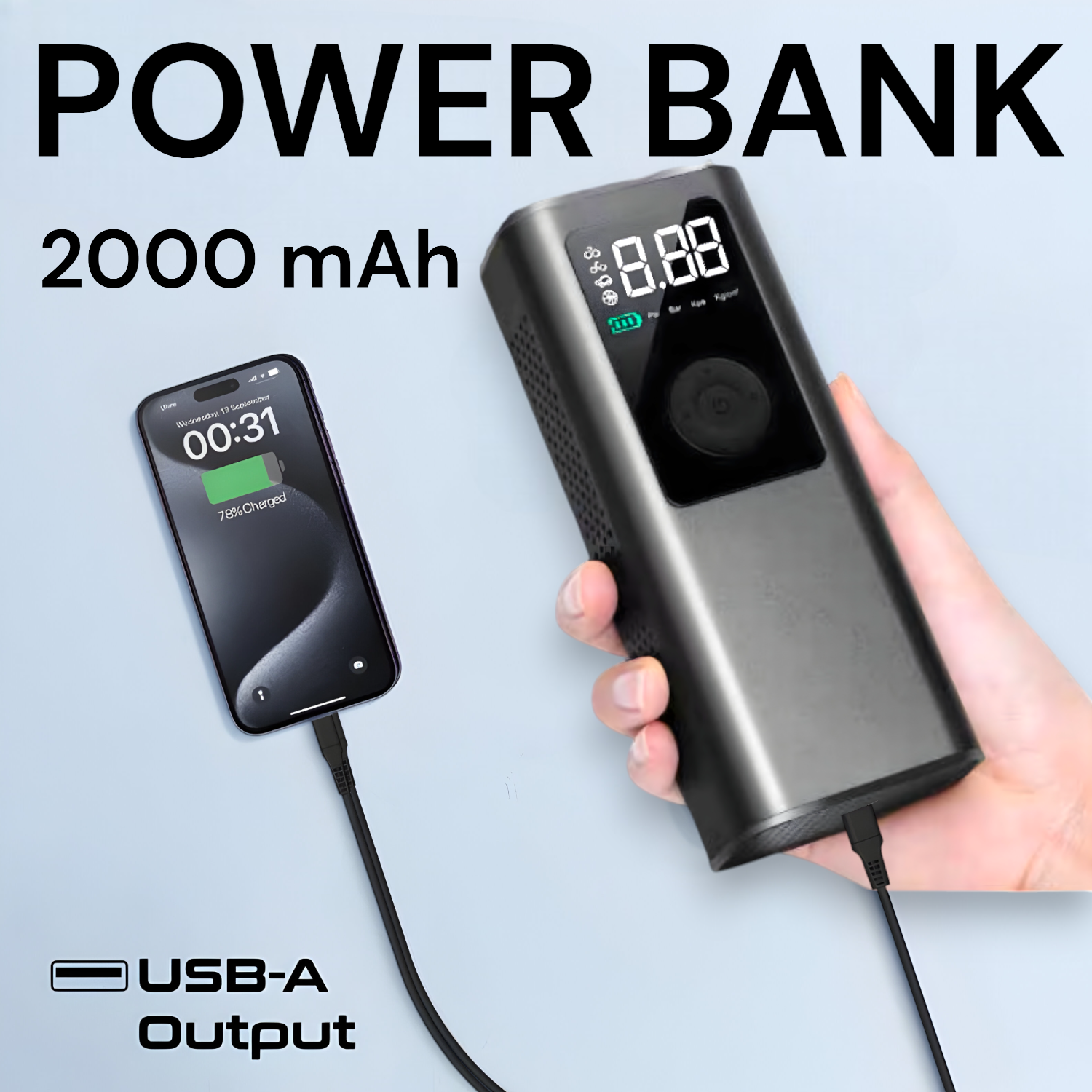 Banco de energía con teléfono y medidor de presión de neumáticos. Texto: Power Bank, 2000 mAh, y salida USB-A.