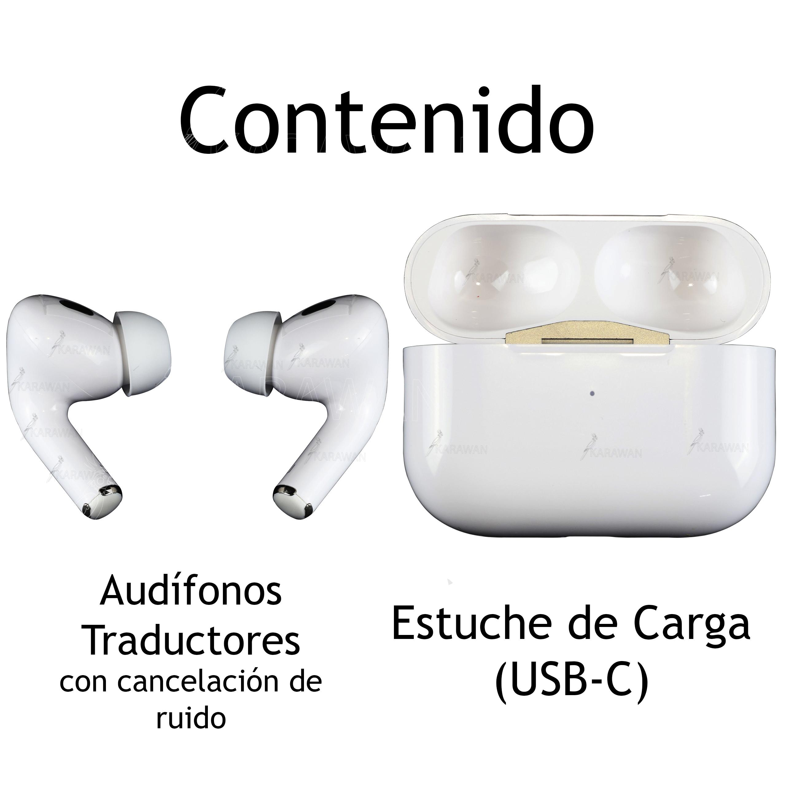 Auriculares tipo auricular blancos y un estuche de carga con texto en español.