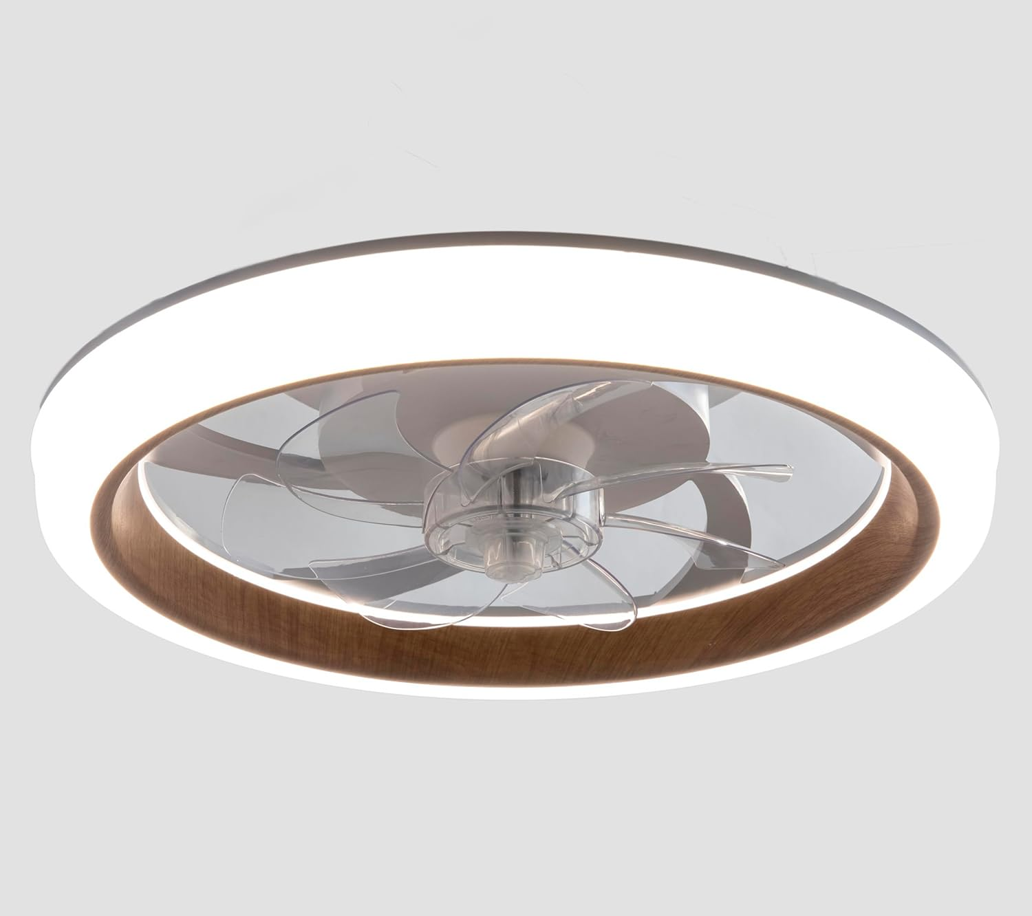 Ventilador de techo con luz circular y moldura de madera.