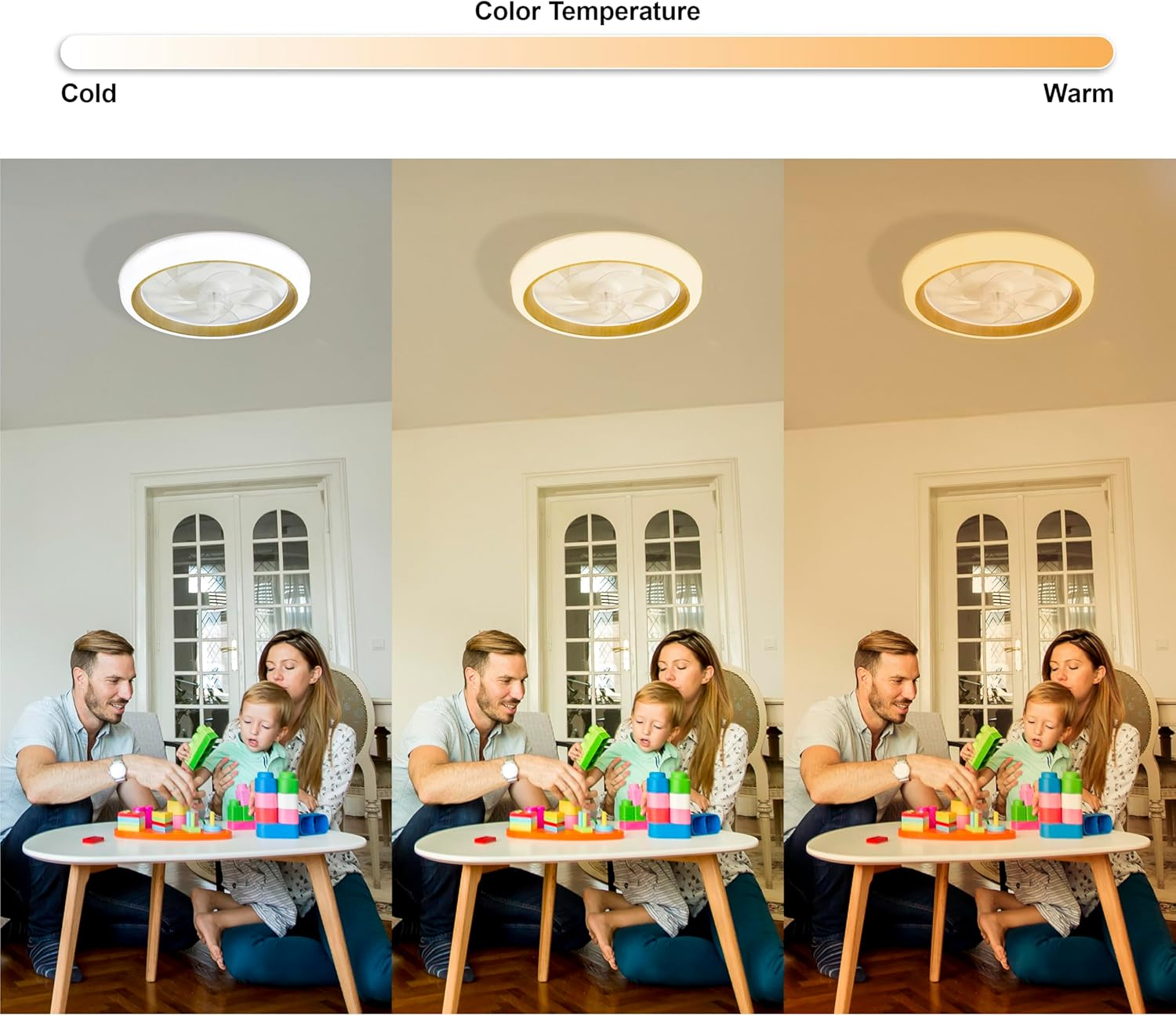 Tres fotos muestran a una familia jugando con juguetes bajo una luz. La temperatura del color varía.