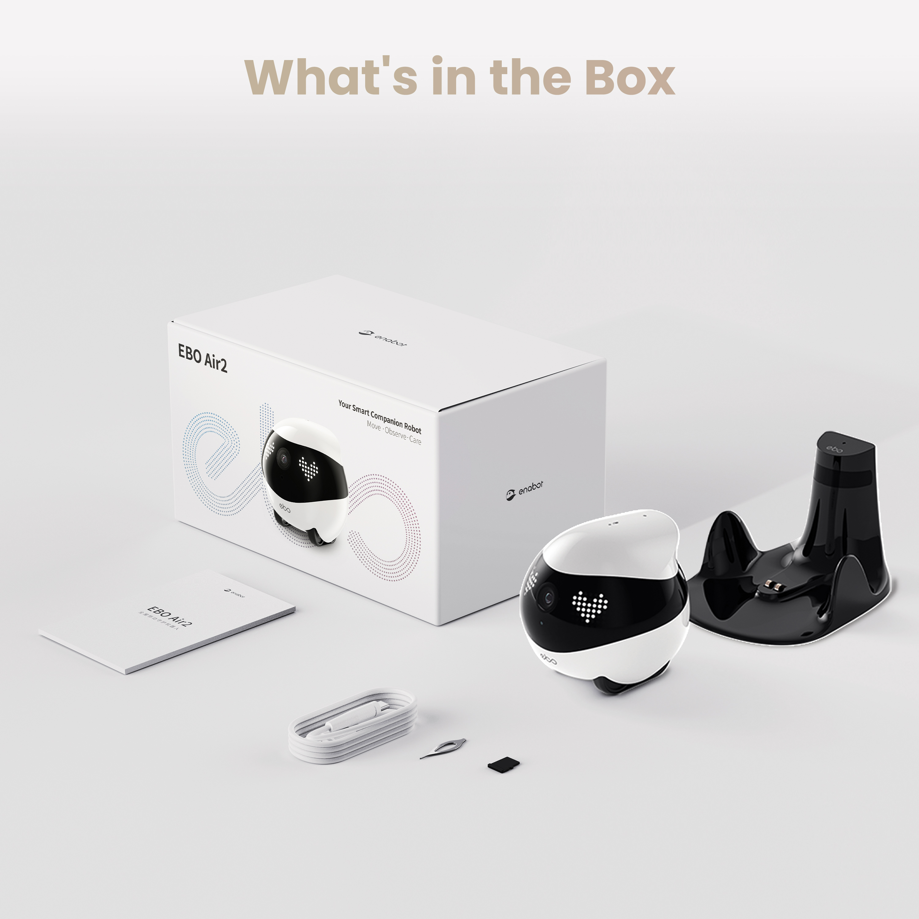 Weiße Box mit dem EBO Air2 Roboter. Die Box enthält Roboter, Ladegerät und Zubehör.