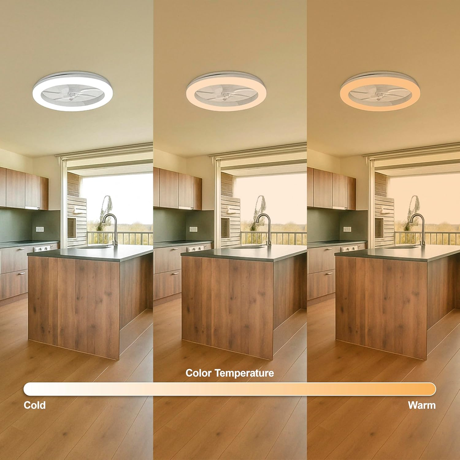 Tres imágenes de un ventilador de techo con luz, mostrando temperaturas de color de frío a cálido.