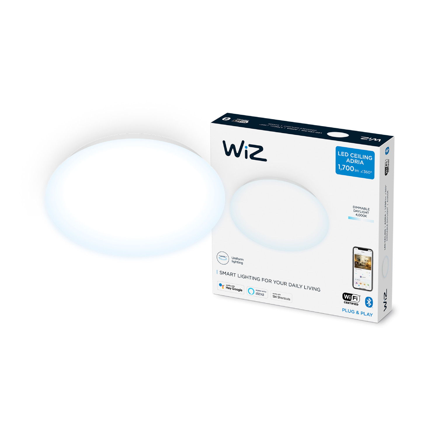 Plafonnier rond blanc avec une boîte. La boîte montre une lumière, le nom de la marque et des fonctionnalités d'éclairage intelligent.