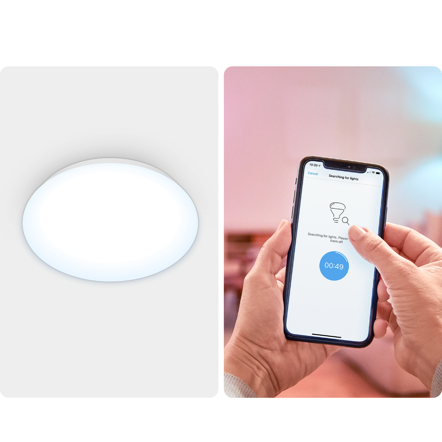 Deux images : une lampe et une personne la contrôlant avec un téléphone.