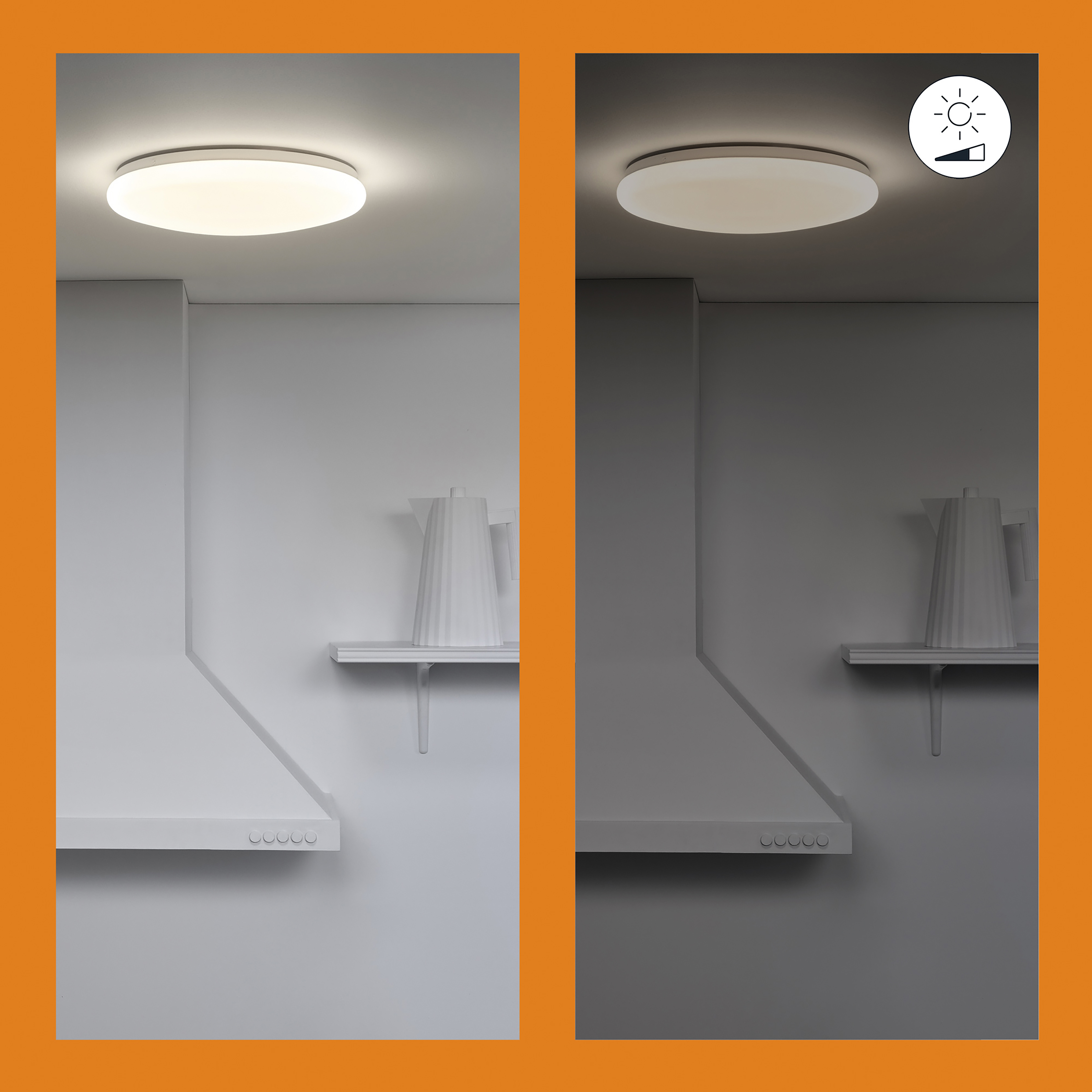 Deux images d'un plafonnier. L'une allumée, l'autre éteinte. Plafond blanc, hotte blanche.