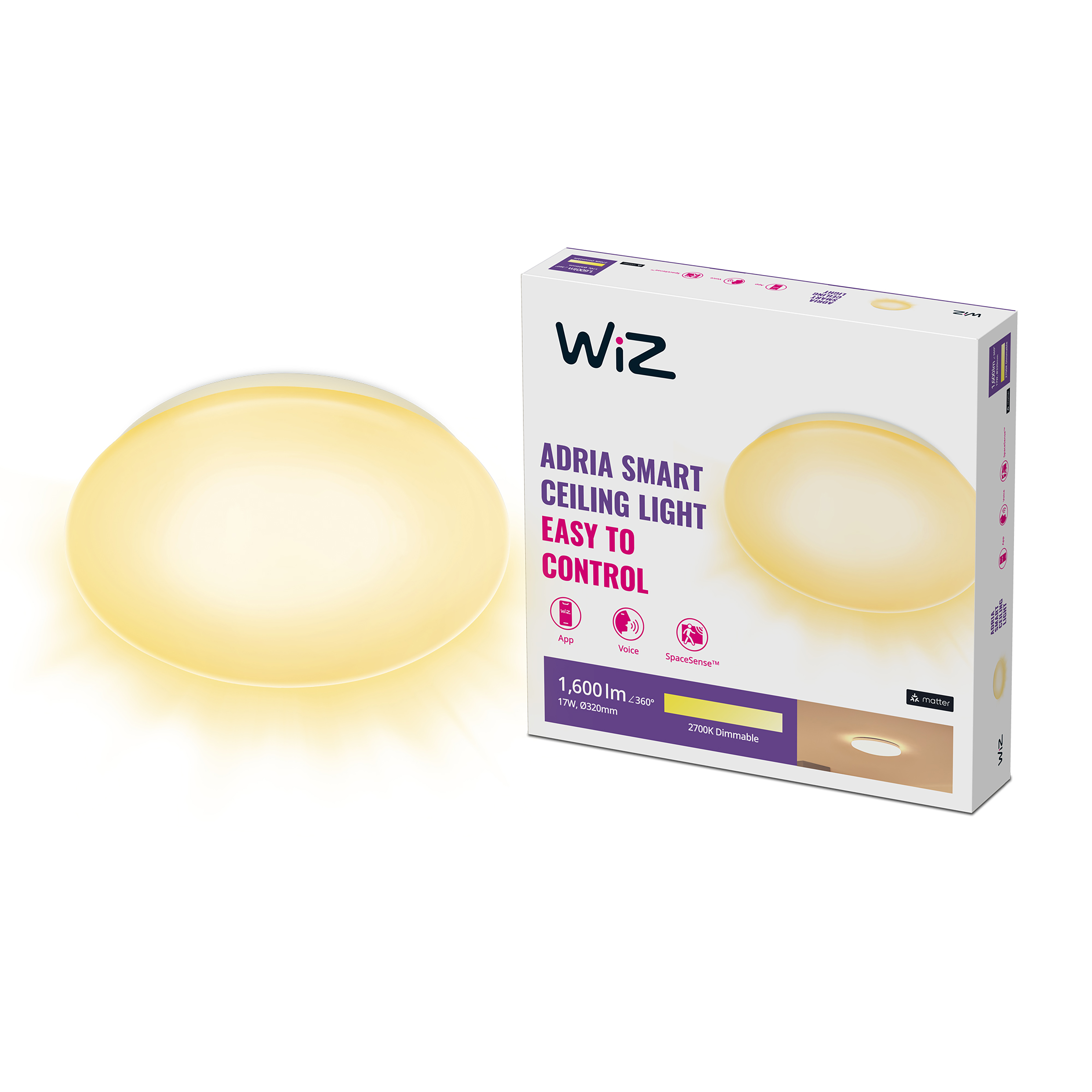 Un pacchetto di plafoniera intelligente WiZ Adria, che mostra la luce e la scatola.