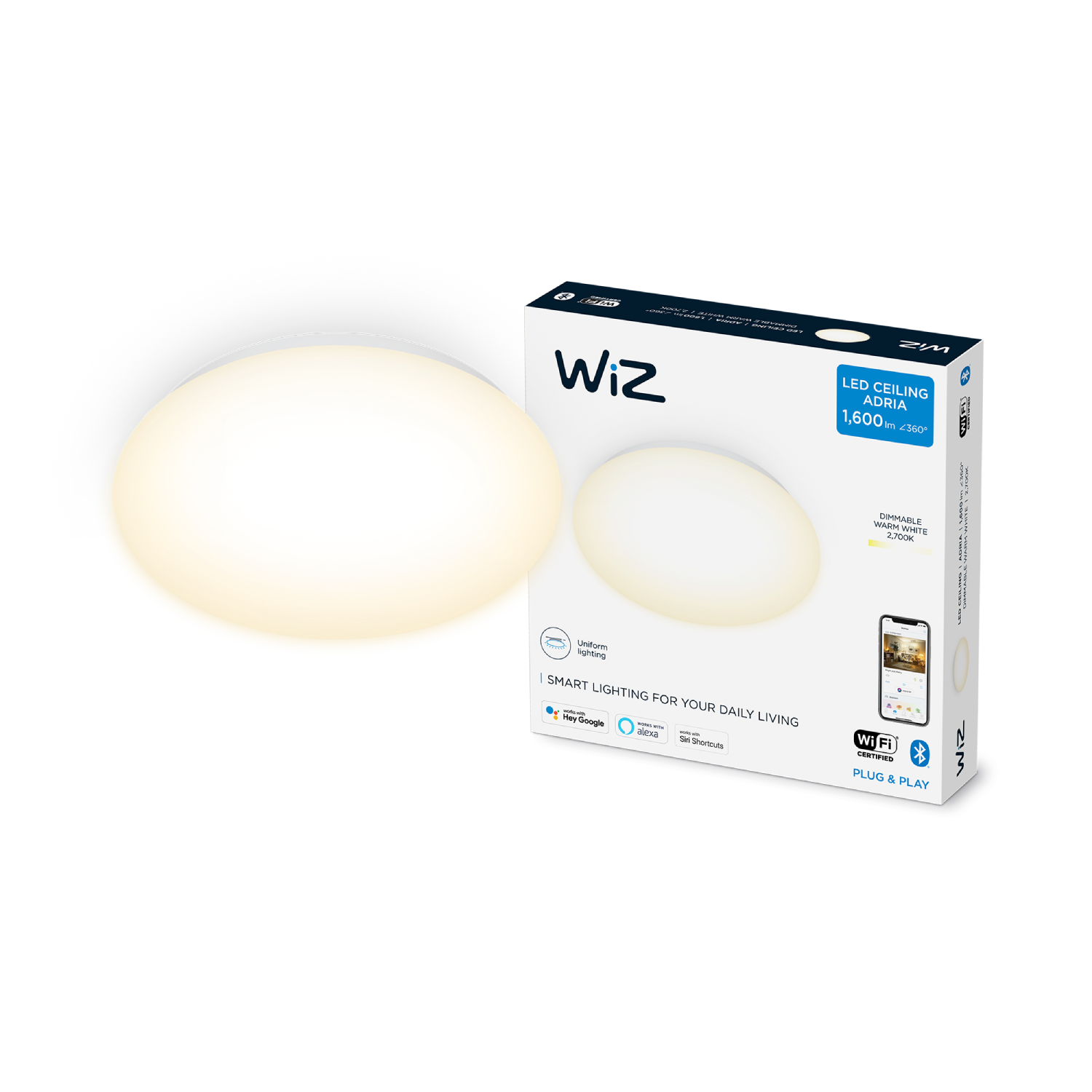Una plafoniera a LED WiZ e la sua scatola, che mostra la luce e l'imballaggio.