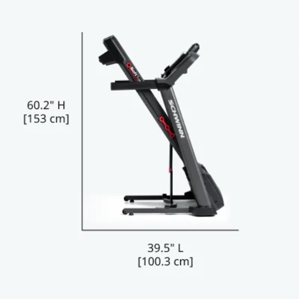 Een zwarte en rode Schwinn loopband, met afmetingen van 60,2"H en 39,5"L.