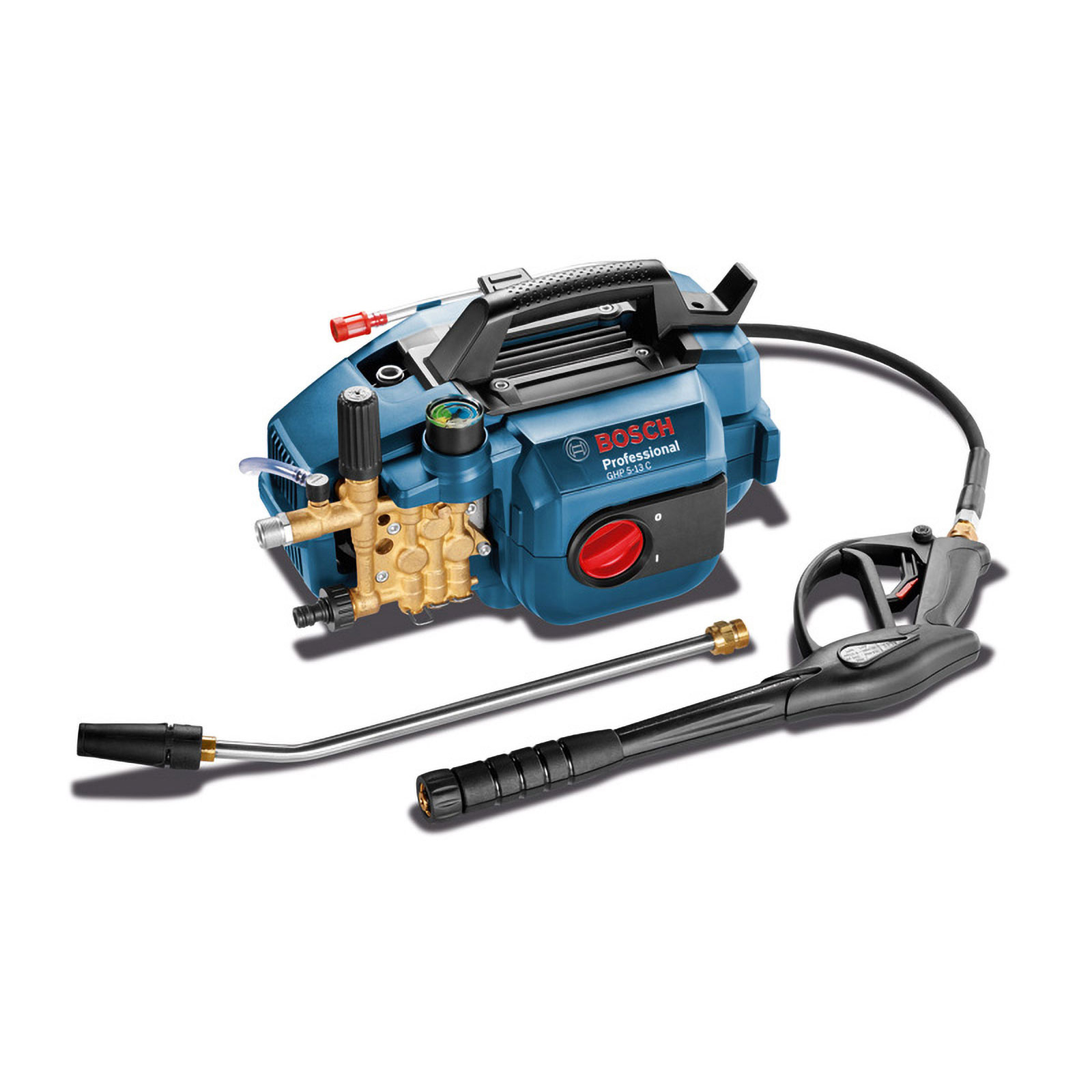 Hidrolavadora Bosch con accesorios. Cuerpo azul, mango y boquilla negros, accesorios plateados.
