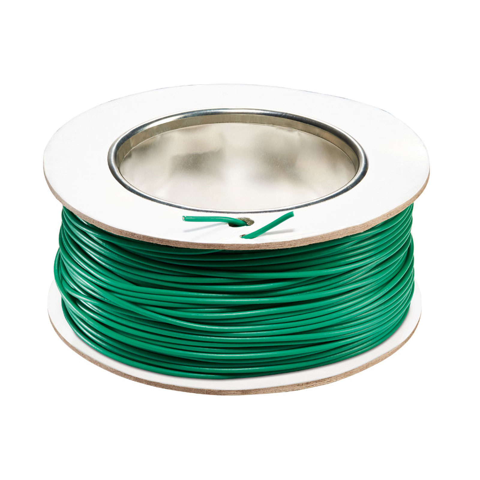 Una bobina di filo verde su sfondo bianco. Il filo è ben avvolto.