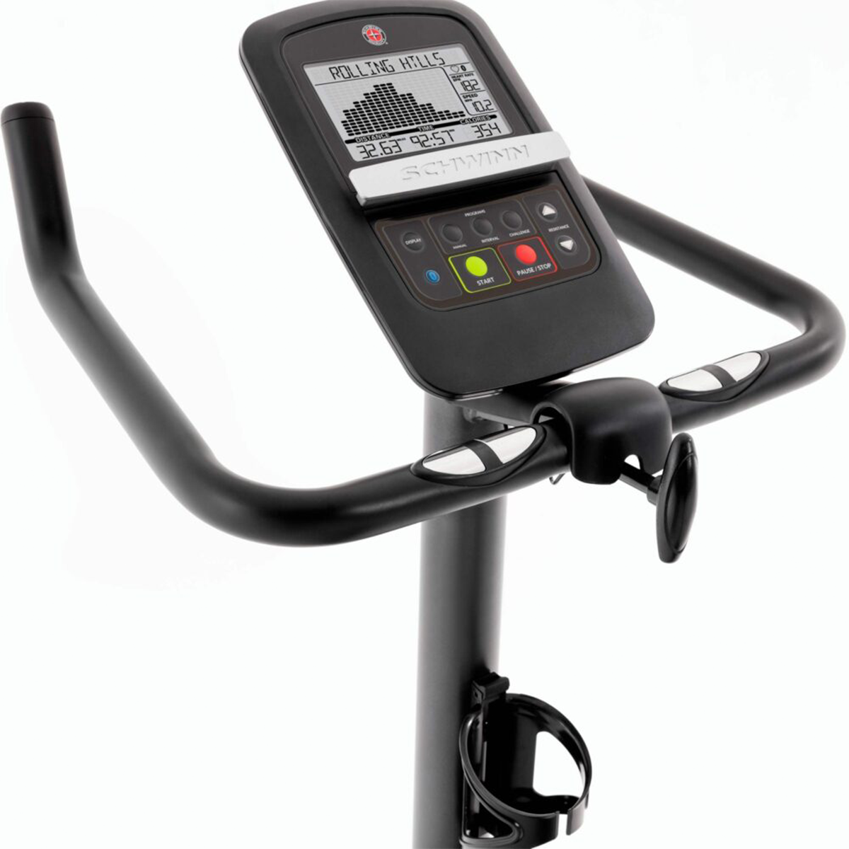 Une console de vélo d'exercice avec un écran affichant des données et des boutons de commande.