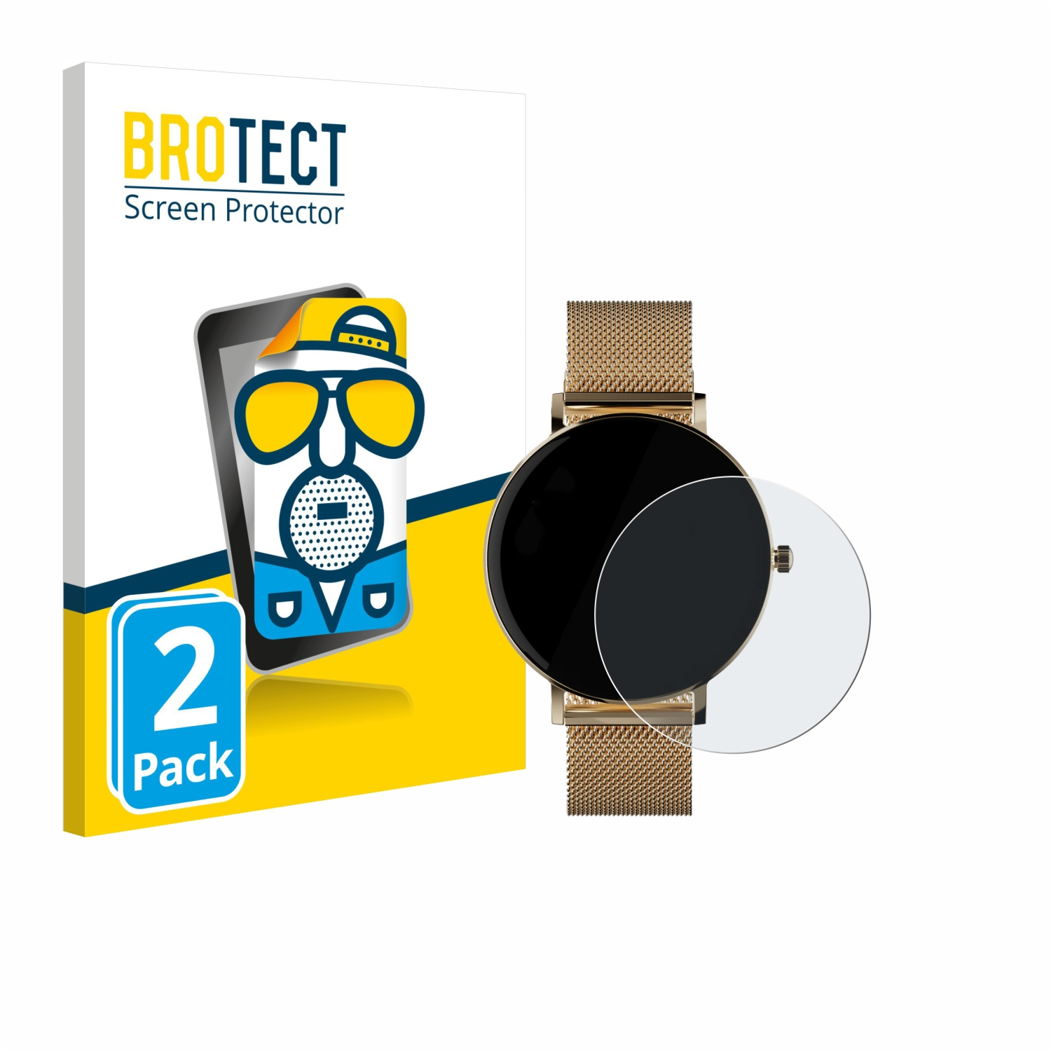 Smartwatch und Displayschutzverpackung auf weißem Hintergrund.