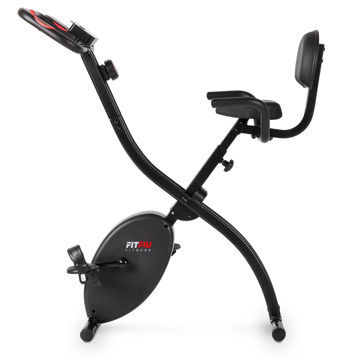 Bicicleta estática negra con pantalla y asiento rojos.