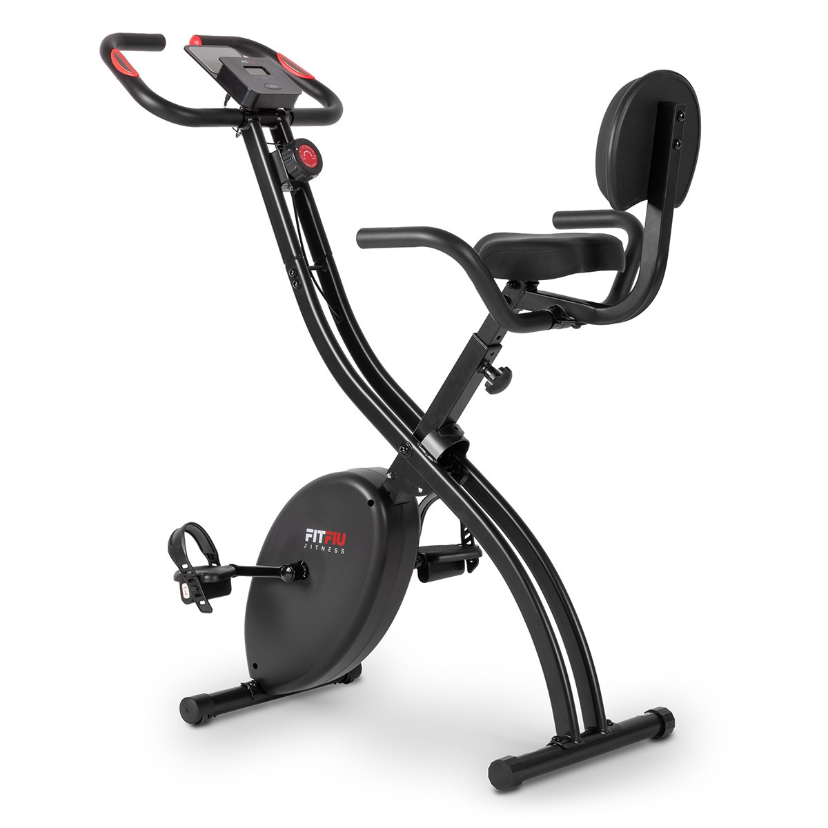 Bicicleta de ejercicio plegable, marco negro con detalles rojos, sobre fondo blanco.