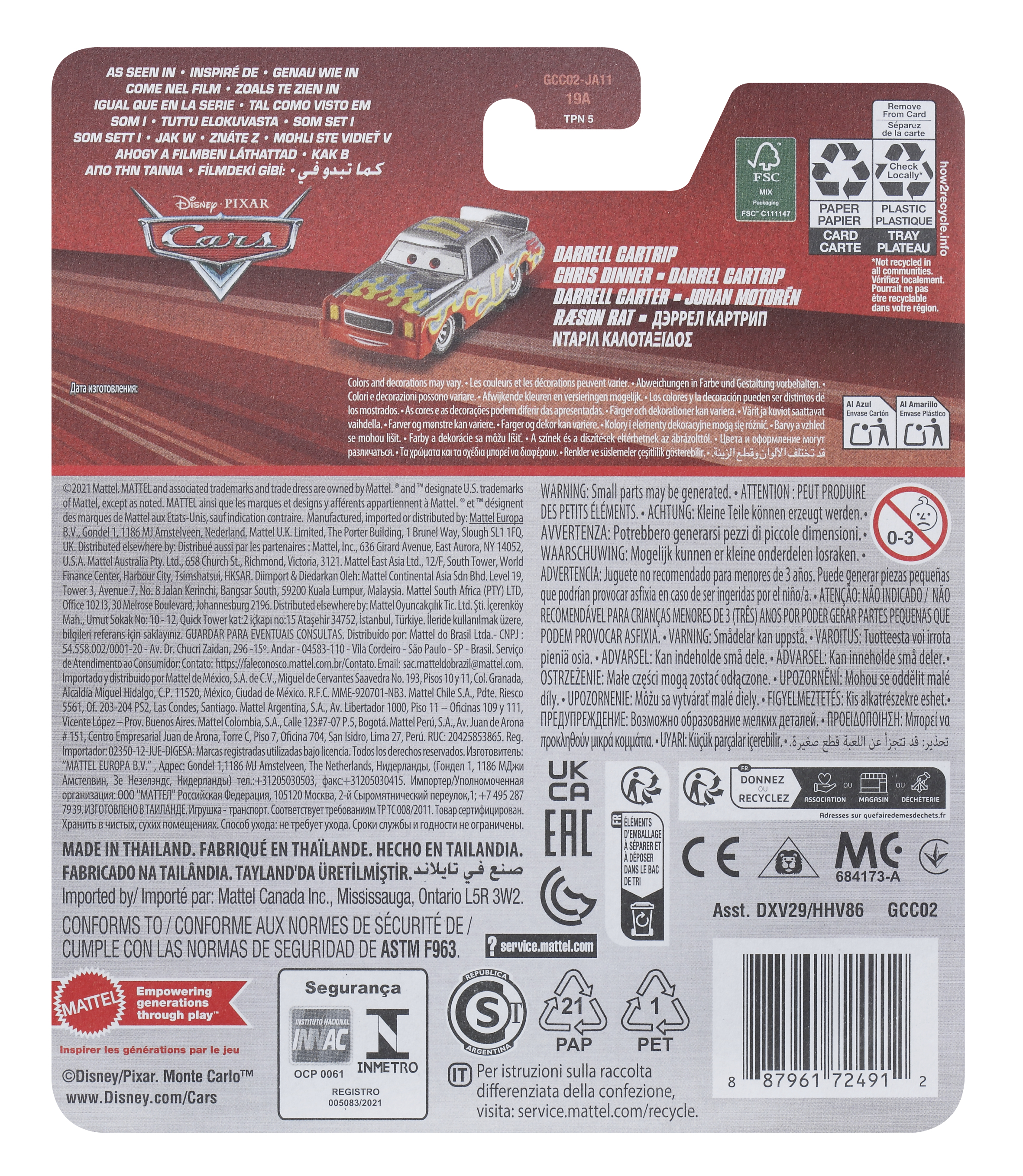 Tył opakowania samochodu zabawkowego z tekstem w wielu językach, w tym ostrzeżeniami i informacjami o prawach autorskich.