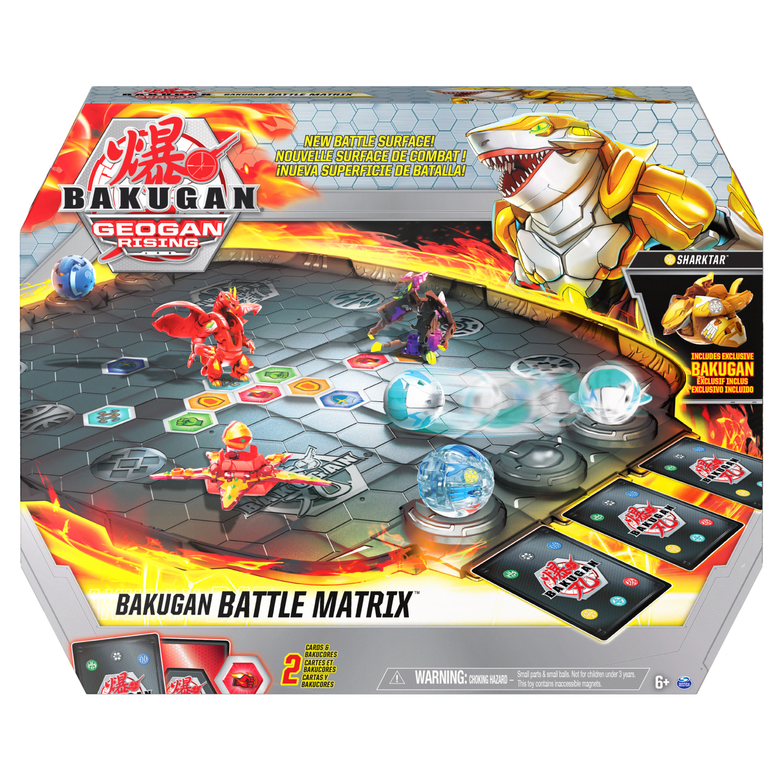 Jeu Bakugan en boîte, comprenant des pièces de jeu, des cartes et une créature ressemblant à un requin.