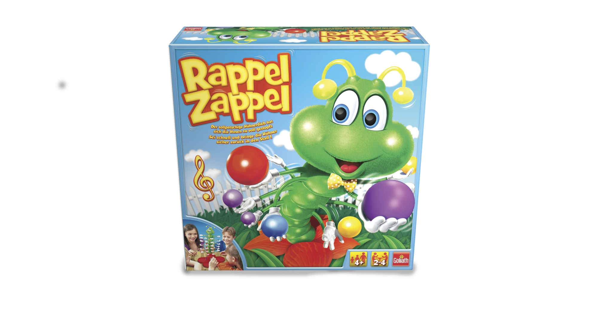 Schachtel des Spiels Rappel Zappel mit einer grünen Raupe und bunten Bällen.