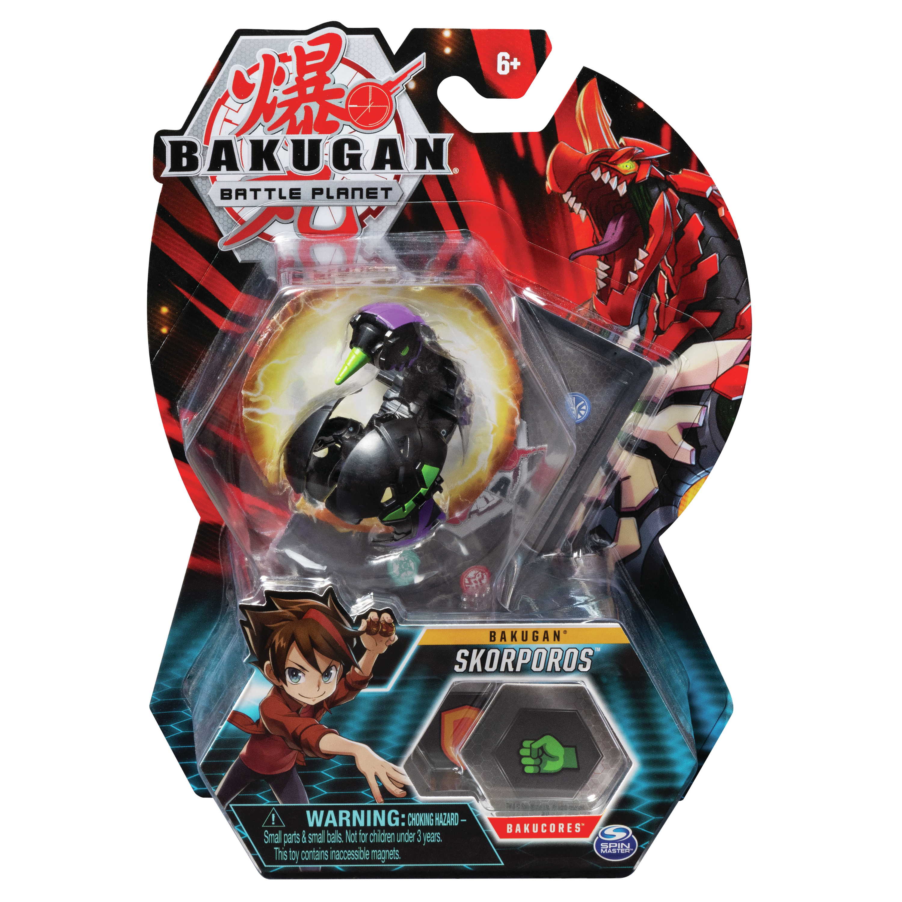 Bakugan Battle Planet Spielzeugverpackung. Bakugan Skorporos Figur und Kampfelemente.
