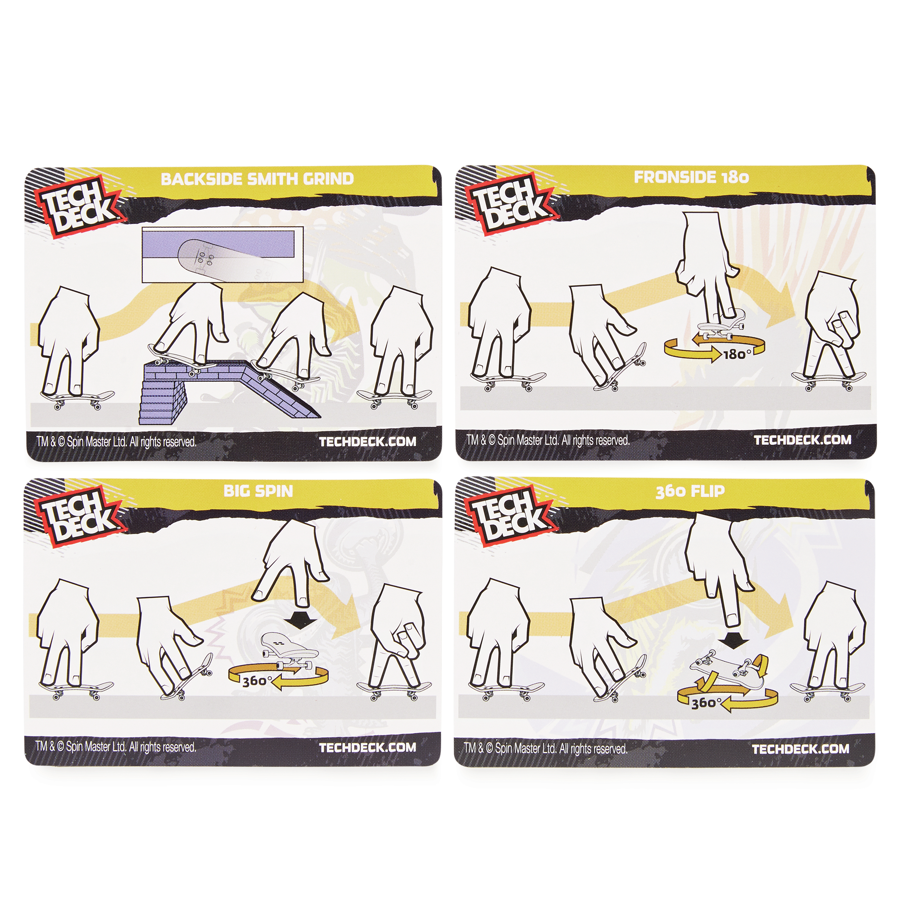 Tech Deck Anweisungen. Vier Karten mit Anweisungen für Backside Smith Grind, Frontside 180, Big Spin und 360 Flip.