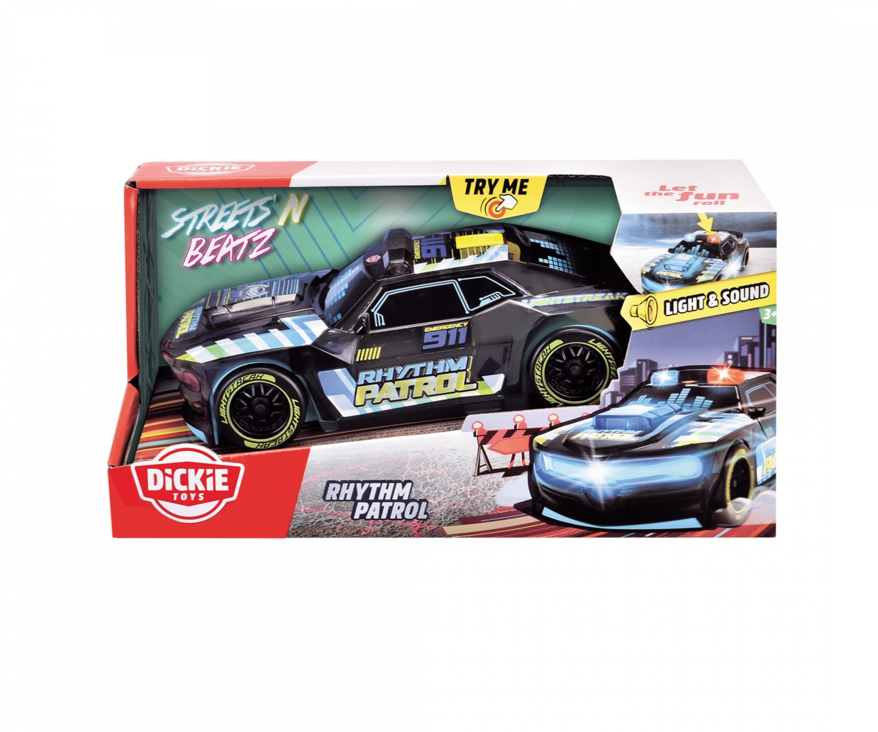 Opakowanie zabawkowego samochodu z czarnym samochodem i ilustracjami innego samochodu ze światłem i dźwiękiem.