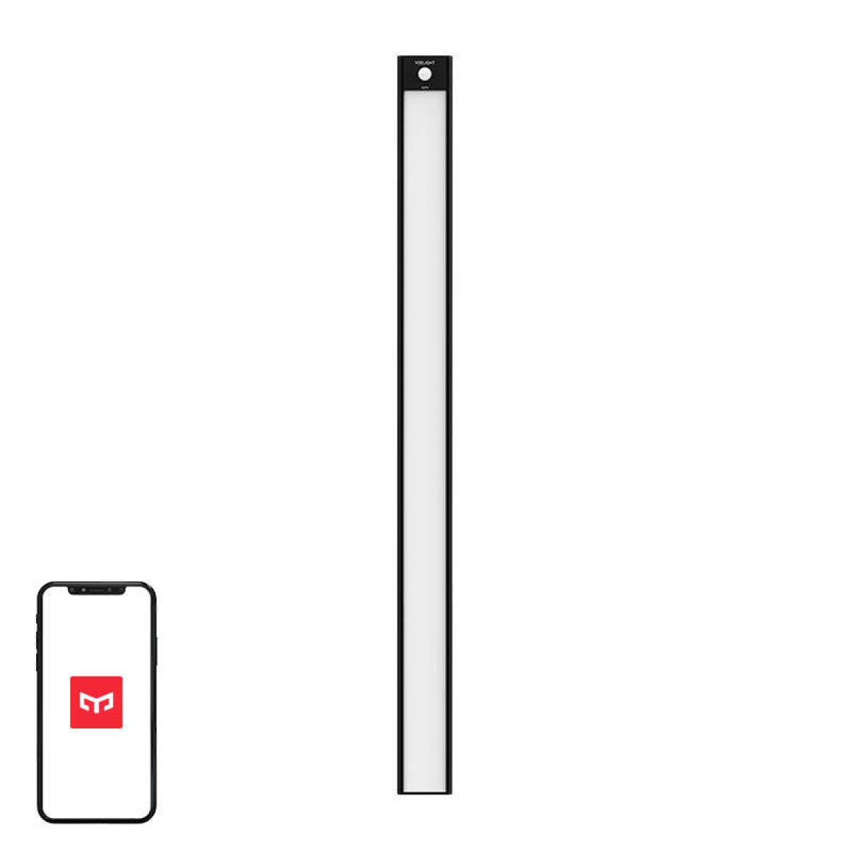 Długa czarno-biała lampa LED, smartfon z czerwonym logo, na białym tle.