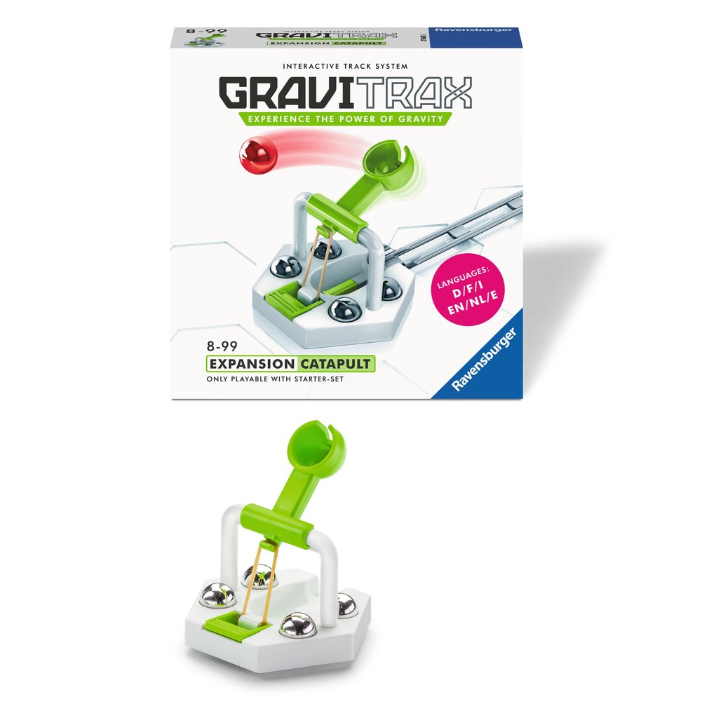 Gravitrax Expansion Catapult Set mit roter Kugel, grüner Katapult und weißen und grünen Bahnen. Box im Hintergrund.