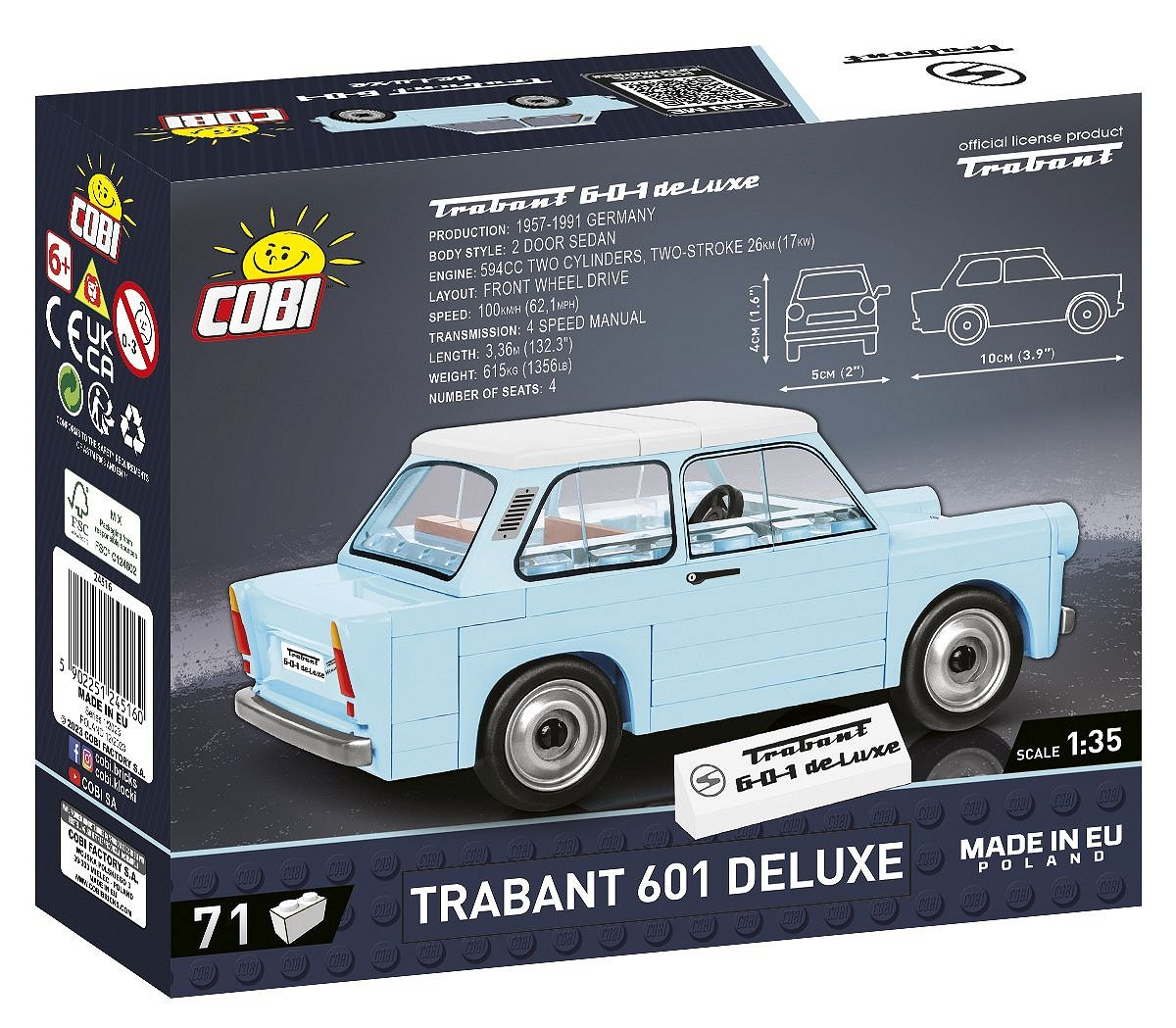 Eine Box mit einem hellblauen Spielzeugauto darauf. Es ist ein Trabant 601 Deluxe, Maßstab 1:35.