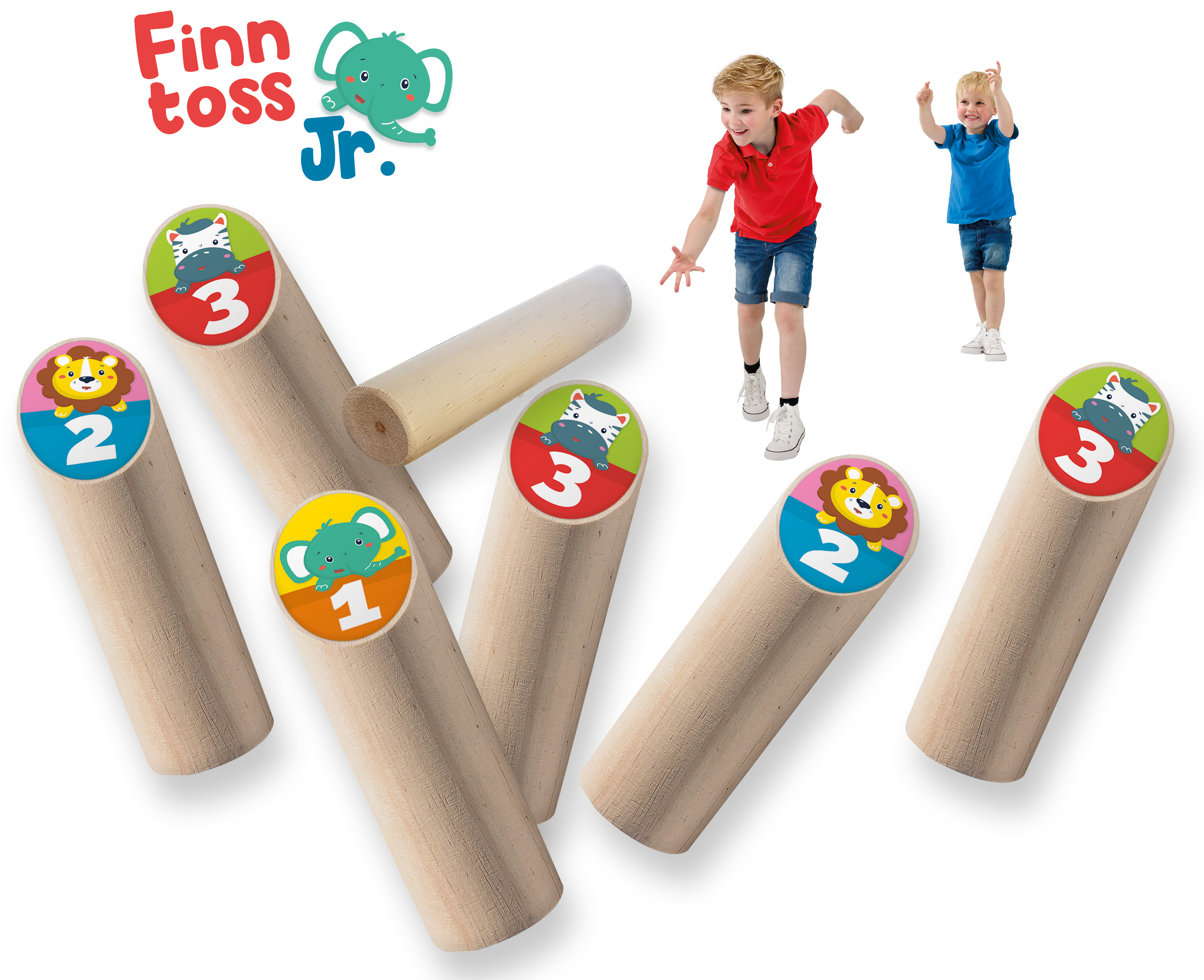 Un juego llamado Finn toss Jr. Estacas de madera con números y caras de animales, dos niños en el fondo.