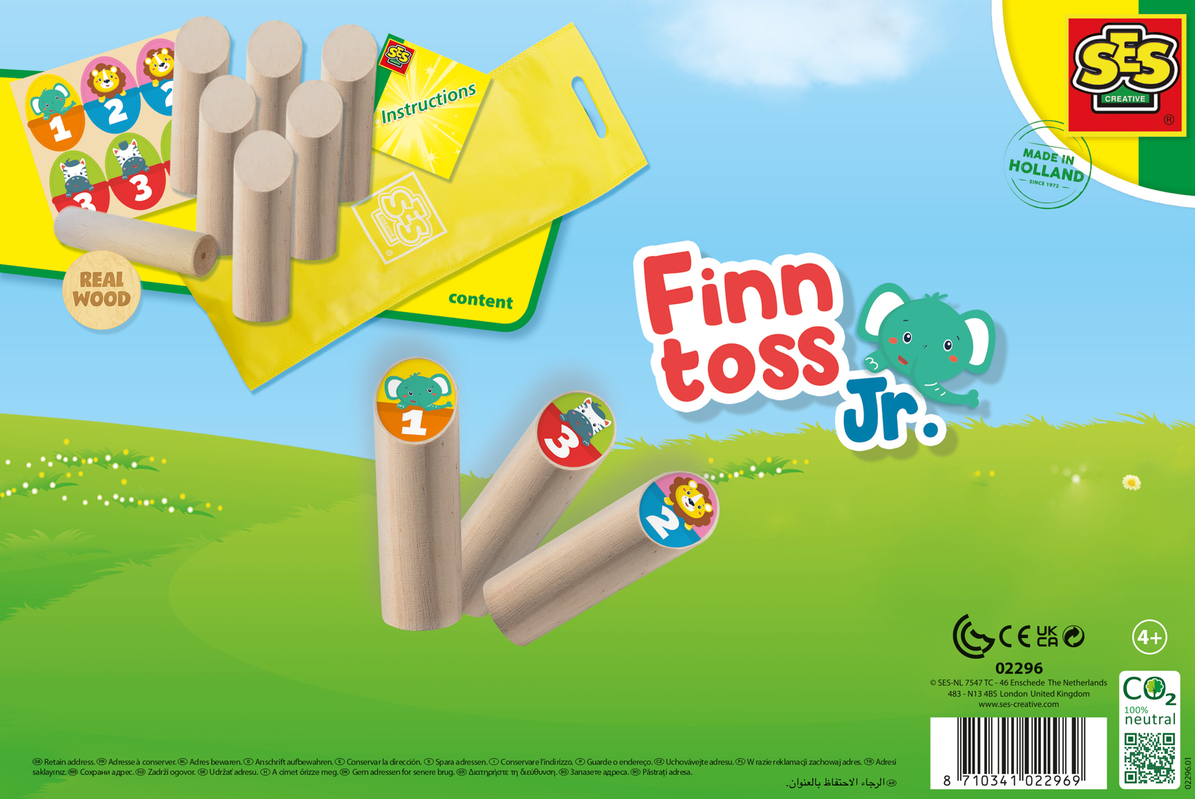 Una caja de juego para niños. Tiene cilindros de madera con números y animales de dibujos animados.