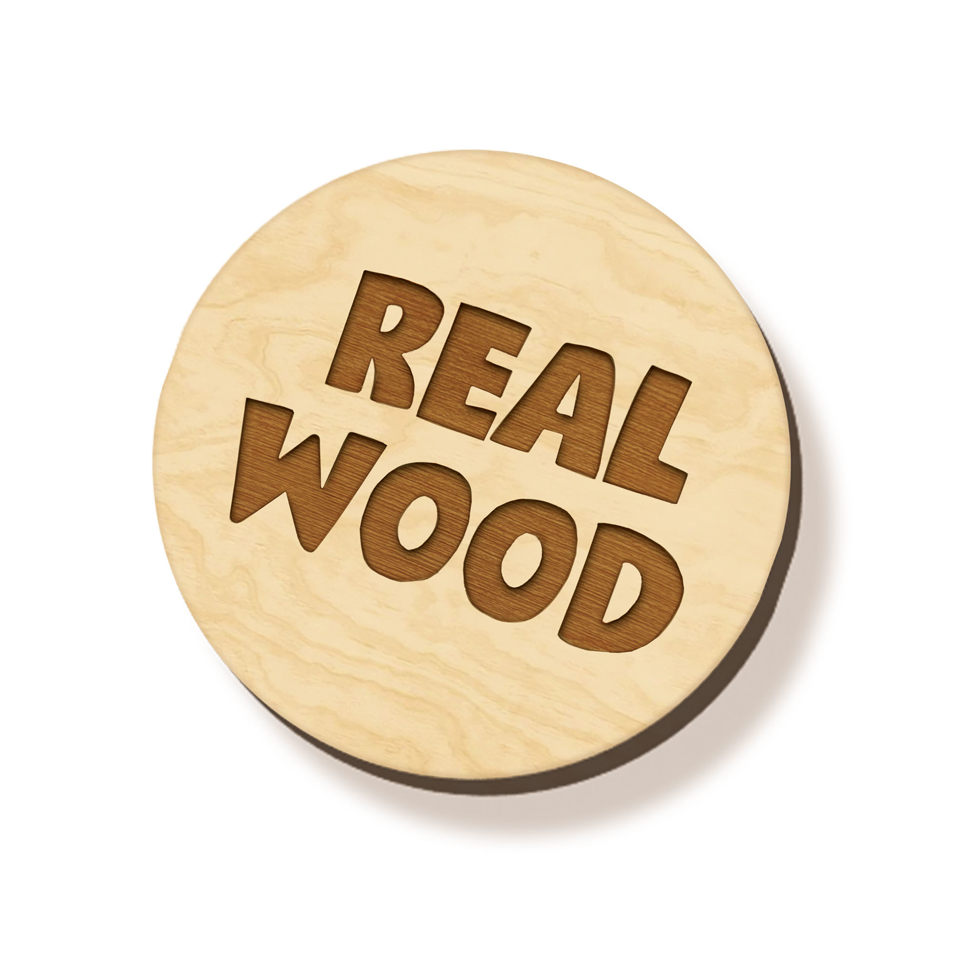 Posavasos redondo de madera con texto 'REAL WOOD' grabado en la superficie, sobre fondo blanco.