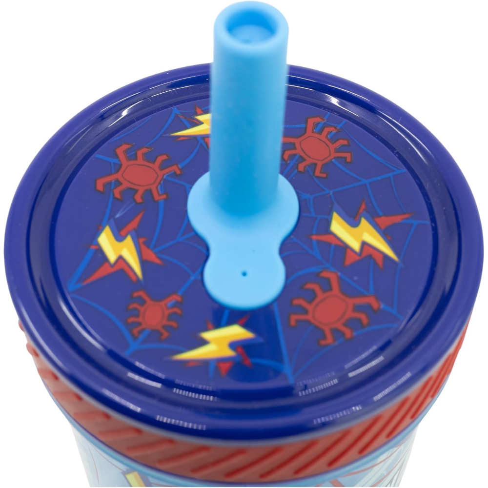 Tapa de vaso de Spider-Man. Tapa azul con telarañas, arañas rojas y rayos amarillos. Pajita azul.