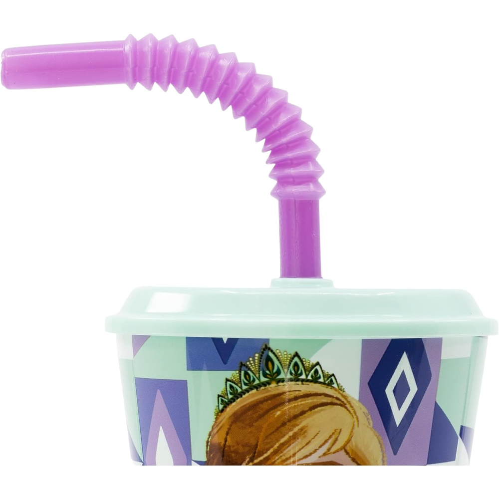 Vaso de Frozen con imagen de Anna y pajita. Combinación de colores morado y turquesa.