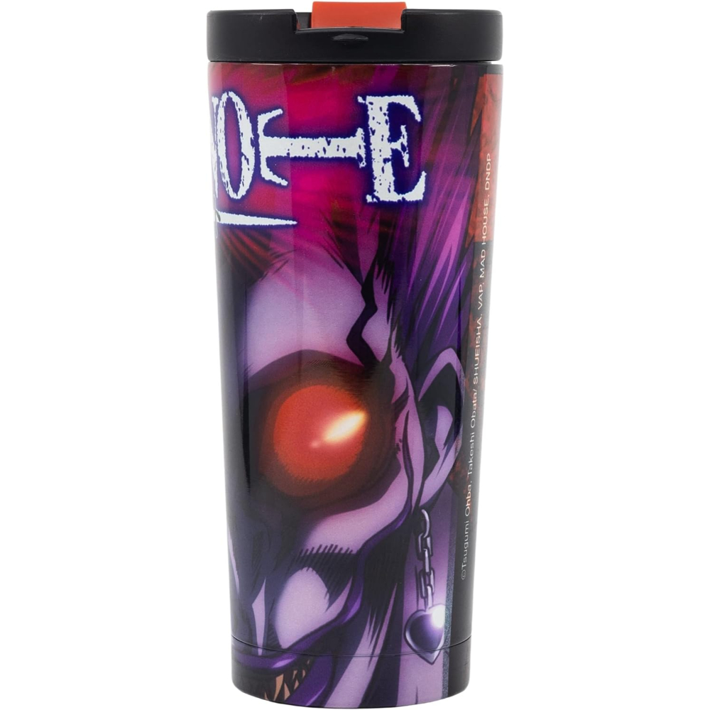 Taza de viaje Death Note con tapa negra. La obra presenta a Ryuk y el logo de Death Note.