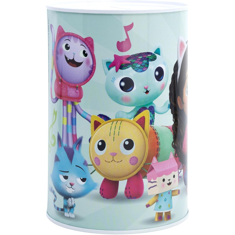 Hucha con personajes de Gabby's Dollhouse sobre fondo celeste.