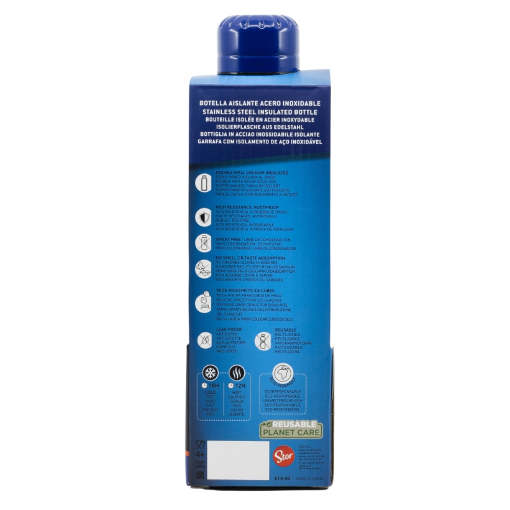 Una botella de agua aislada de acero inoxidable con una tapa azul. La parte trasera tiene una descripción de texto.