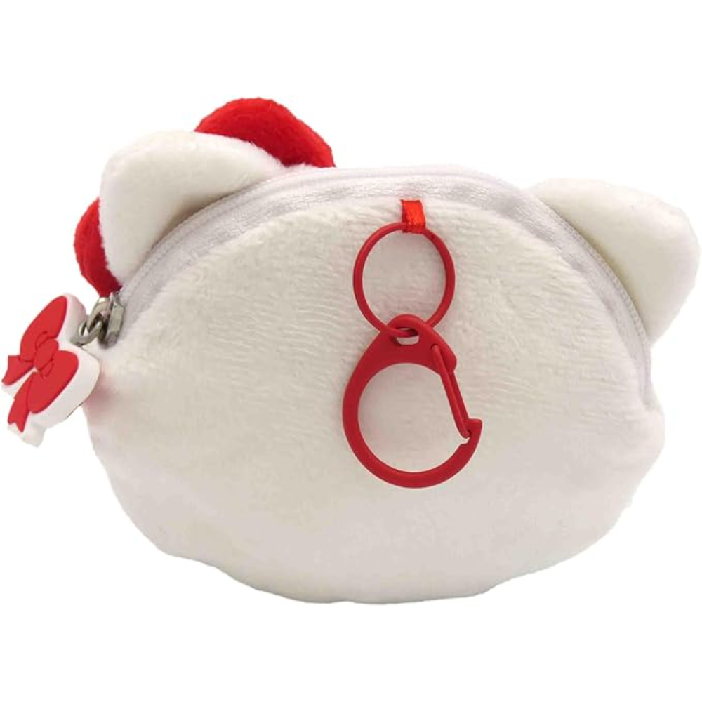 Monedero blanco de felpa con forma de oso. Lazo rojo y mosquetón rojo. La cremallera es plateada.