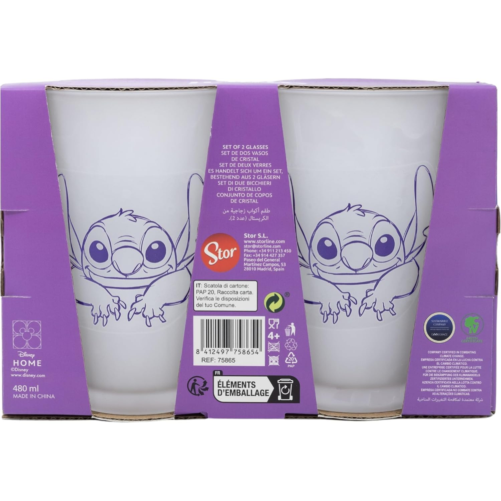 Dos vasos en una caja. Los vasos tienen un diseño de Stitch y la caja tiene escritura.
