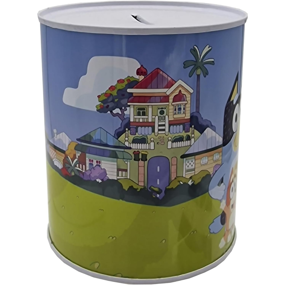 Hucha cilíndrica con una casa y personajes de Bluey.