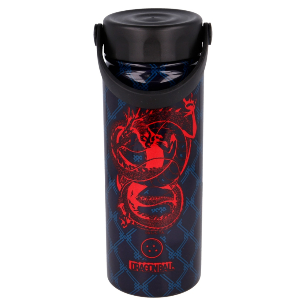 Botella de agua de Dragon Ball Z. Es azul con un diseño de dragón rojo y una tapa negra.