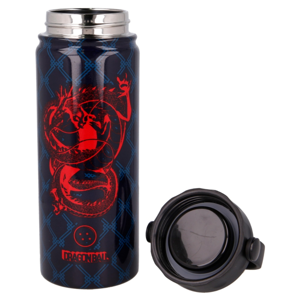 Botella termo de Dragon Ball Z. La botella es azul con un diseño de dragón rojo y una tapa negra.