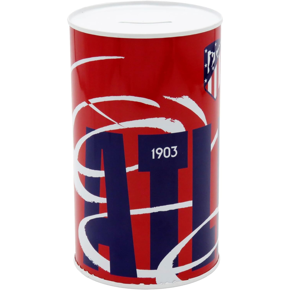Hucha roja del Atlético de Madrid. Texto y logo blancos. Forma cilíndrica. Fondo blanco.