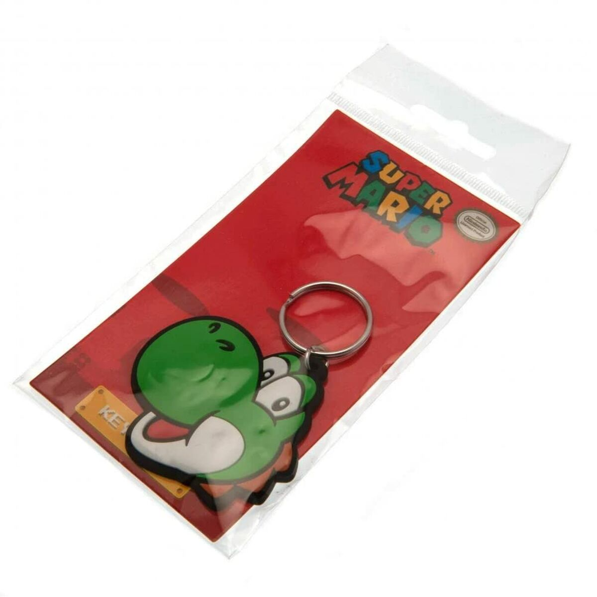 Llavero de Yoshi en embalaje de plástico; respaldo rojo; logo de Super Mario.
