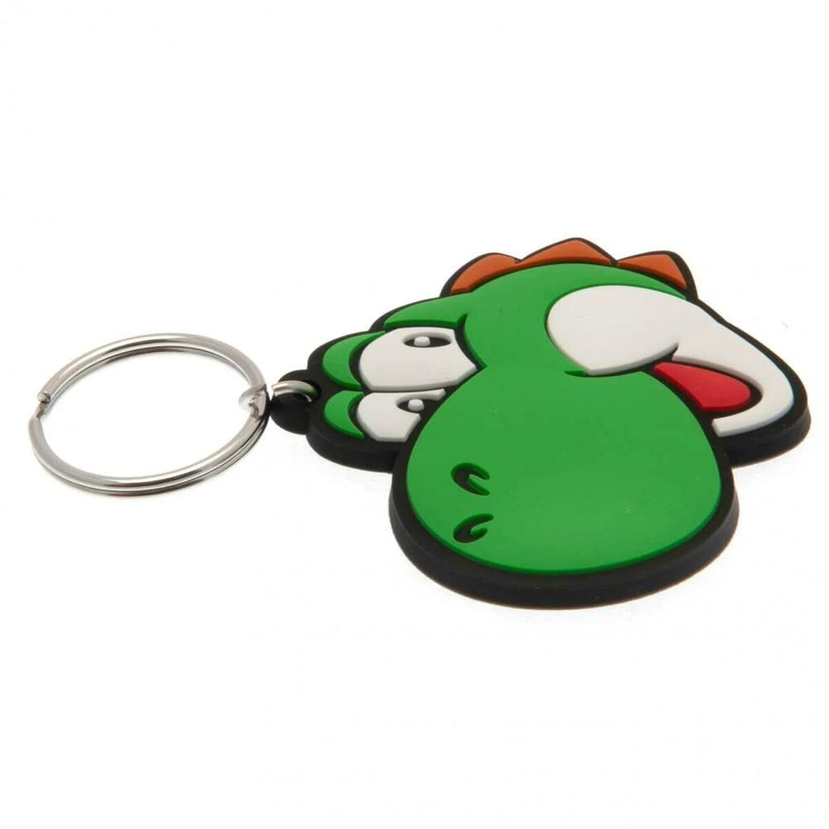 Llavero verde de Yoshi. Presenta la cabeza del personaje con ojos blancos, lengua roja y un llavero plateado.