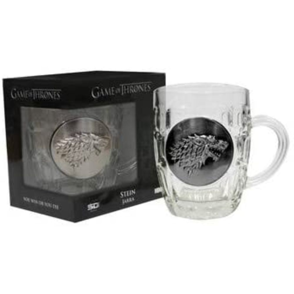 Taza de vidrio de Juego de Tronos con un emblema de lobo.