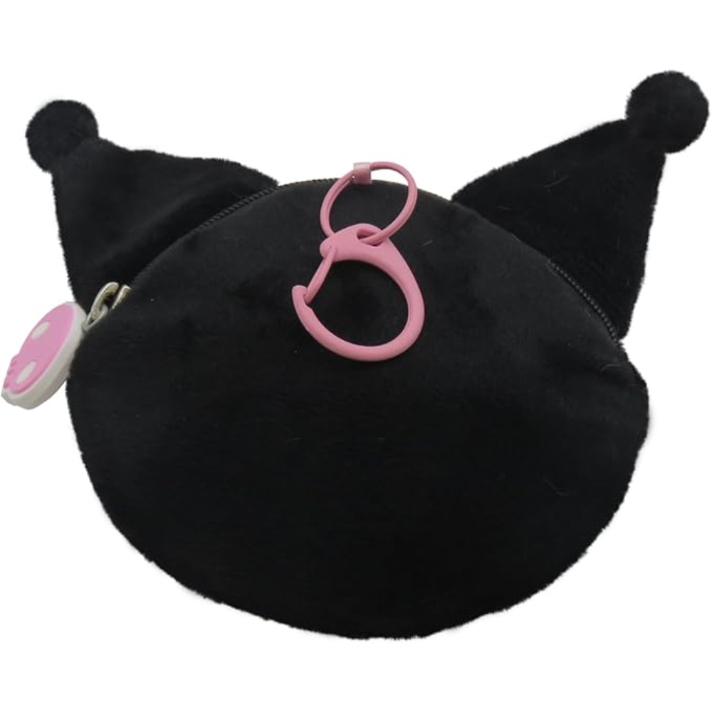 Bolsa de felpa negra de Kuromi con cremallera y cierre rosa.