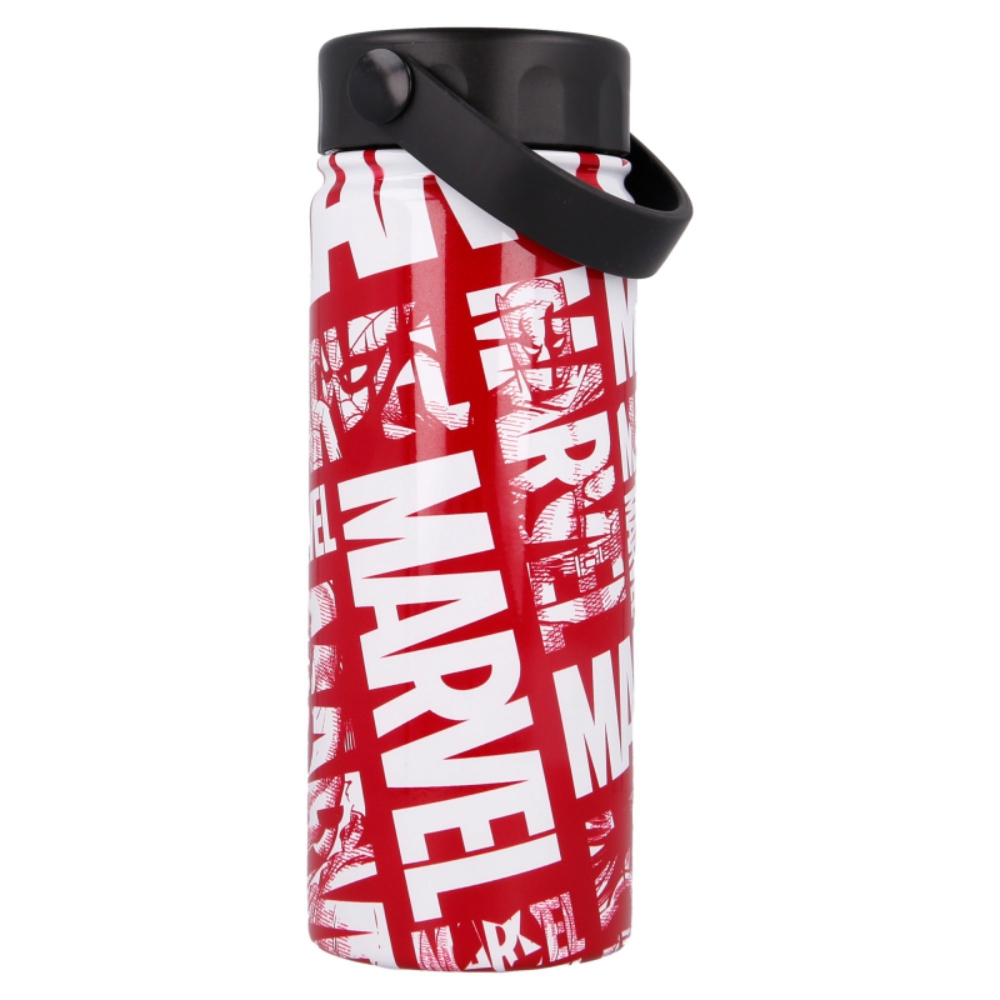 Botella de agua roja de Marvel con logo blanco. Tapa y asa negras. Fondo blanco.