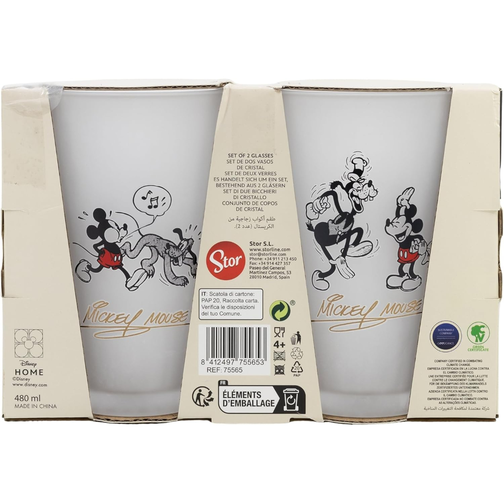 Dos vasos de Mickey Mouse en una caja con detalles del embalaje.