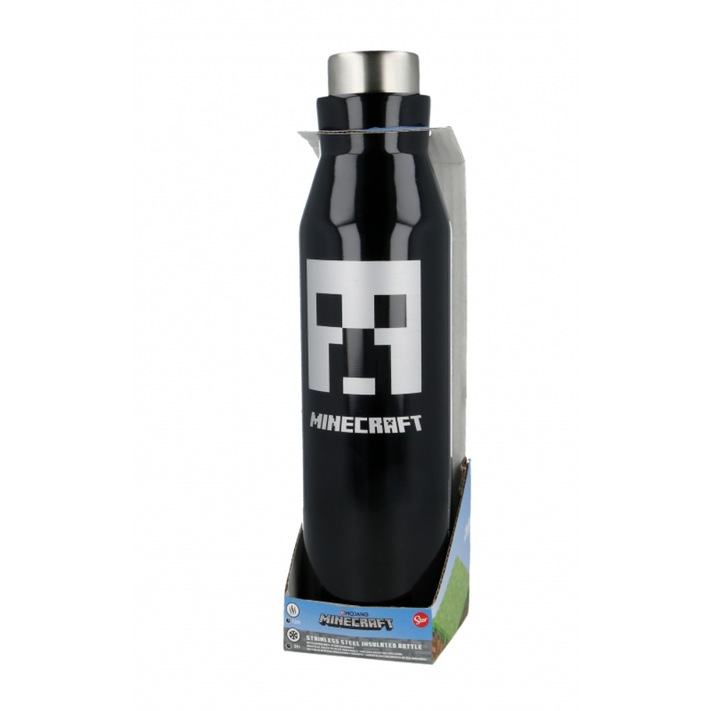 Schwarze Minecraft-Flasche mit dem Minecraft-Logo und grünem Gras-Hintergrund.