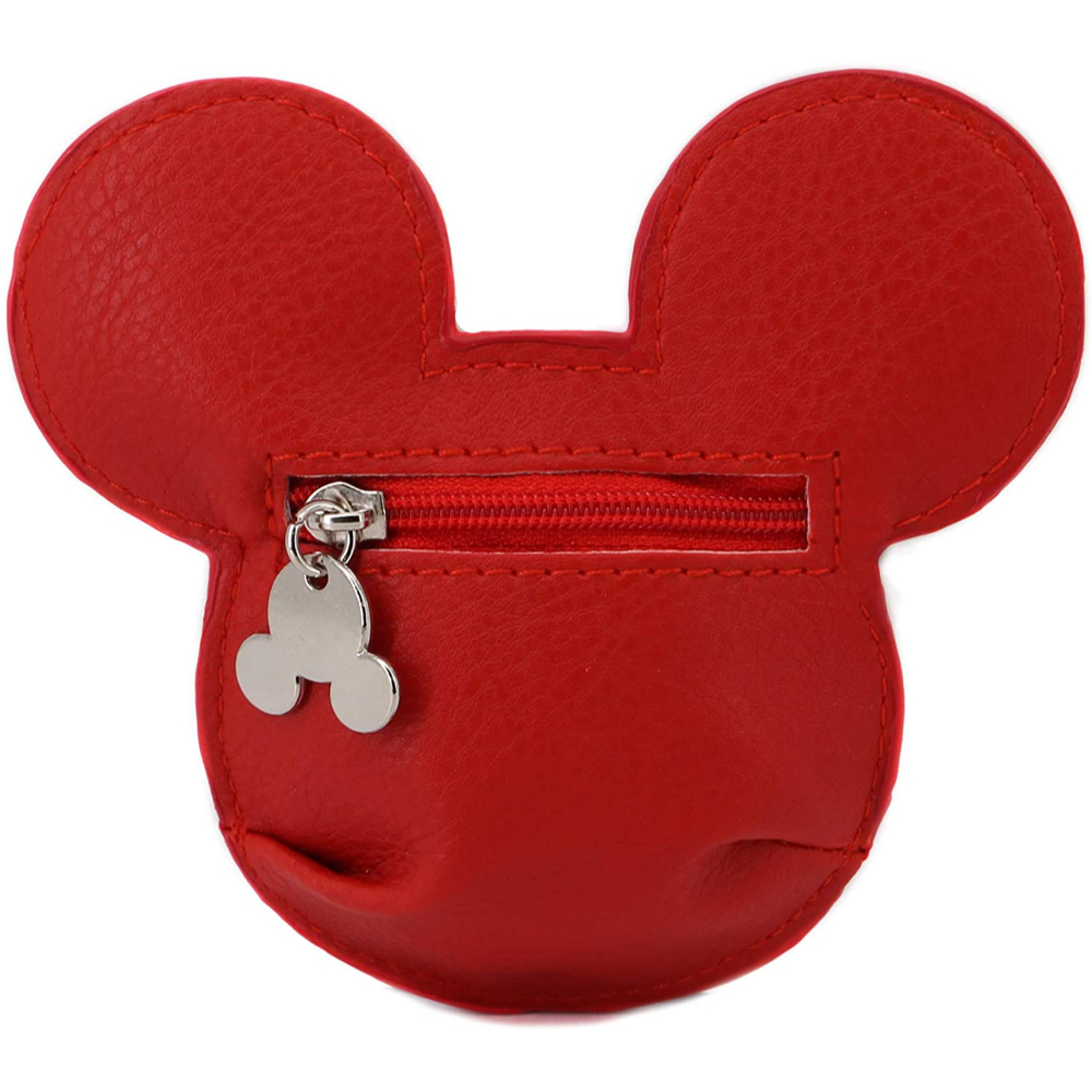 Monedero rojo de Mickey Mouse con cremallera y tirador de cremallera con cabeza de Mickey.